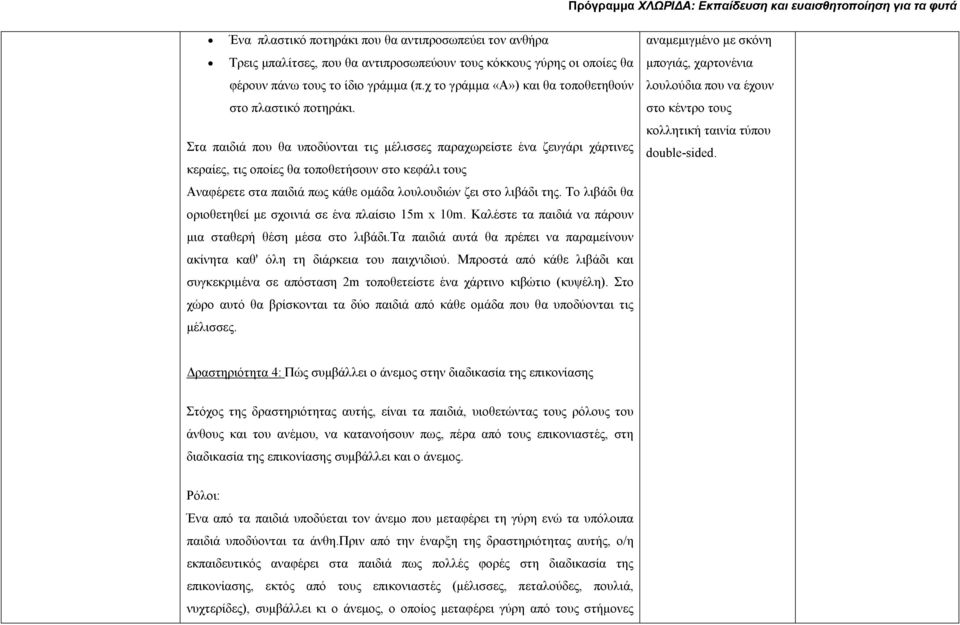 Στα παιδιά που θα υποδύονται τις μέλισσες παραχωρείστε ένα ζευγάρι χάρτινες κεραίες, τις οποίες θα τοποθετήσουν στο κεφάλι τους Αναφέρετε στα παιδιά πως κάθε ομάδα λουλουδιών ζει στο λιβάδι της.