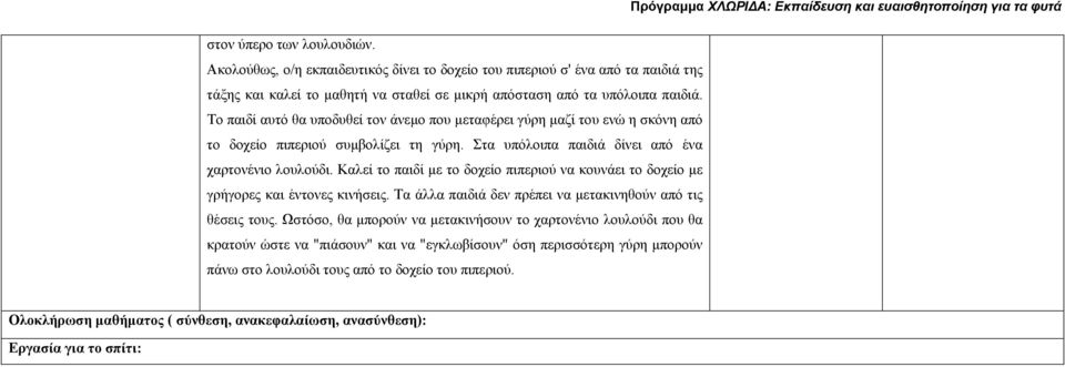 Καλεί το παιδί με το δοχείο πιπεριού να κουνάει το δοχείο με γρήγορες και έντονες κινήσεις. Τα άλλα παιδιά δεν πρέπει να μετακινηθούν από τις θέσεις τους.