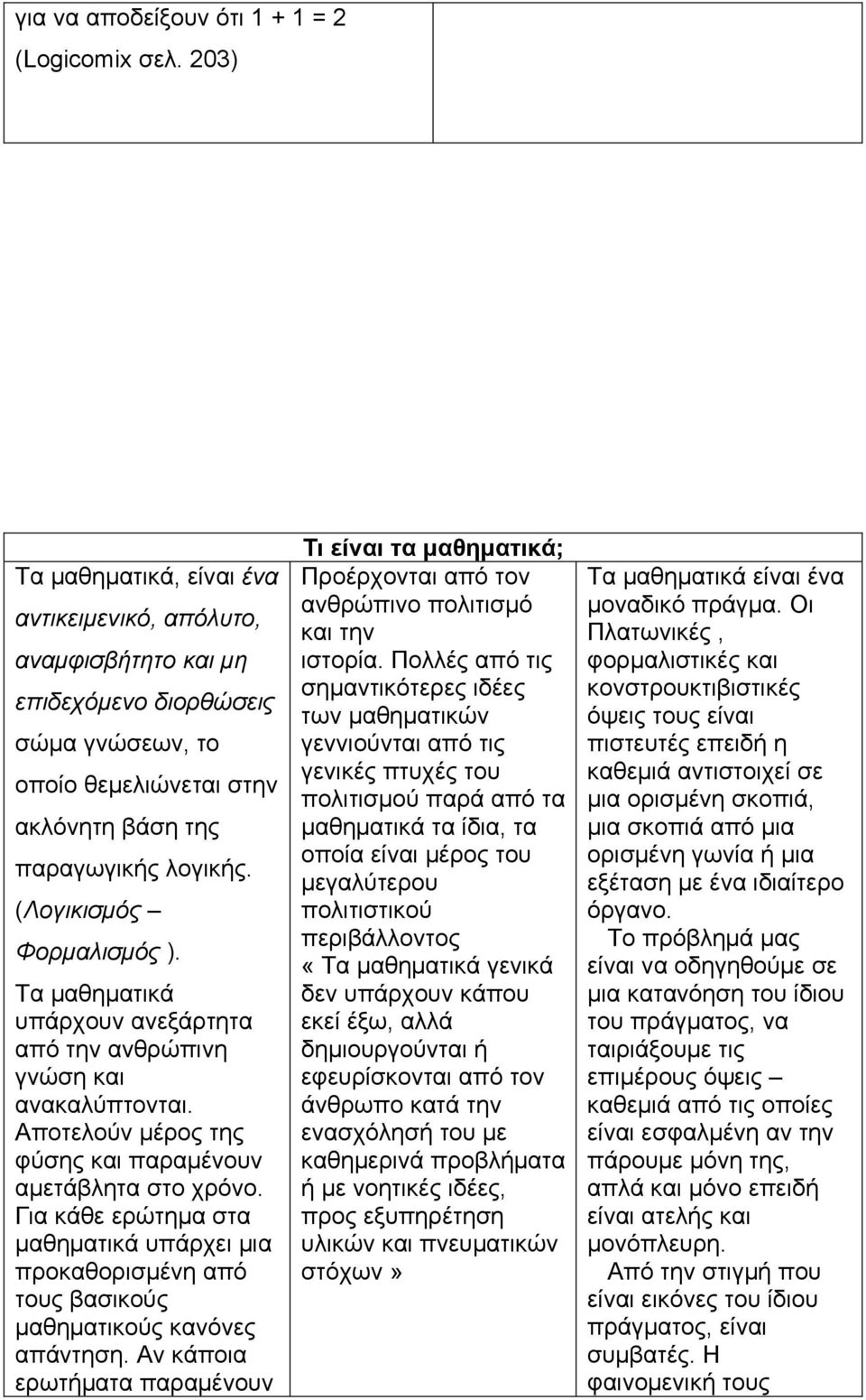 (Λογικισµός Φορµαλισµός ). Τα µαθηµατικά υπάρχουν ανεξάρτητα από την ανθρώπινη γνώση και ανακαλύπτονται. Αποτελούν µέρος της φύσης και παραµένουν αµετάβλητα στο χρόνο.