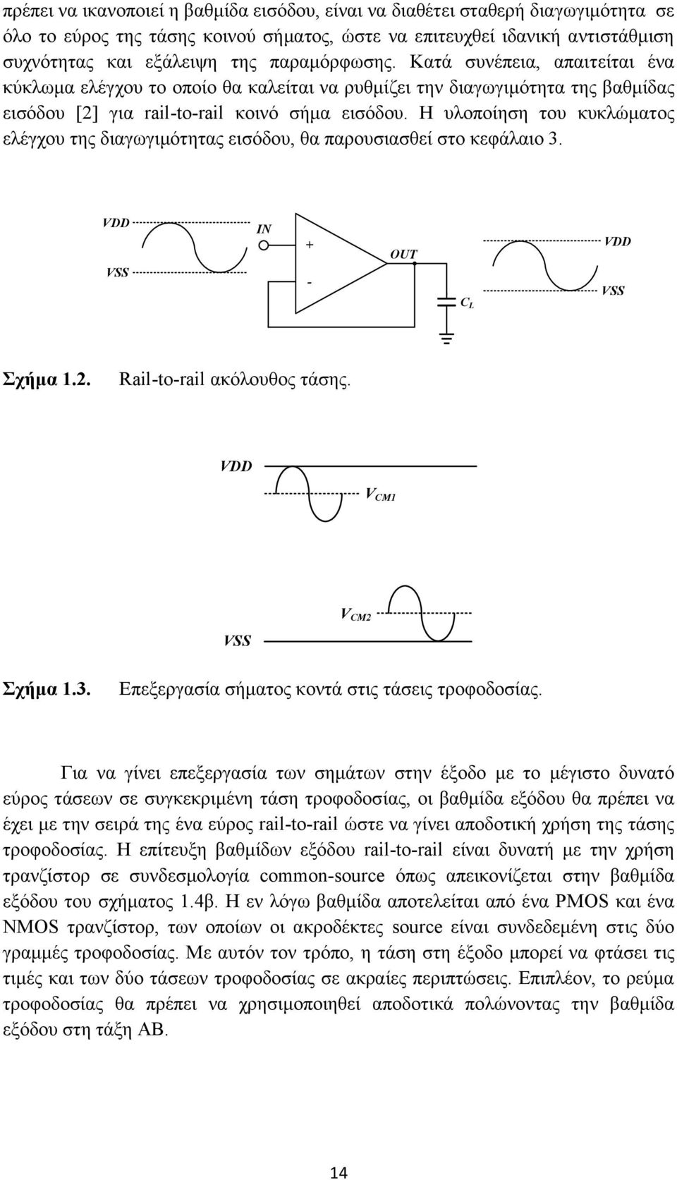 Η υλοποίηση του κυκλώματος ελέγχου της διαγωγιμότητας εισόδου, θα παρουσιασθεί στο κεφάλαιο 3. VDD VSS IN + - OUT C L VDD VSS Σχήμα 1.2. Rail-to-rail ακόλουθος τάσης. VDD V CM1 VSS V CM2 Σχήμα 1.3. Επεξεργασία σήματος κοντά στις τάσεις τροφοδοσίας.