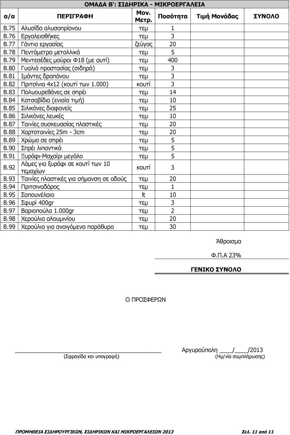84 Κατσαβίδια τεμ 10 Β.85 Σιλικόνες διαφανείς τεμ 25 Β.86 Σιλικόνες λευκές τεμ 10 Β.87 Ταινίες συσκευασίας πλαστικές τεμ 20 Β.88 Χαρτοταινίες 25m - 3cm τεμ 20 Β.89 Χρώμα σε σπρέι τεμ 5 Β.