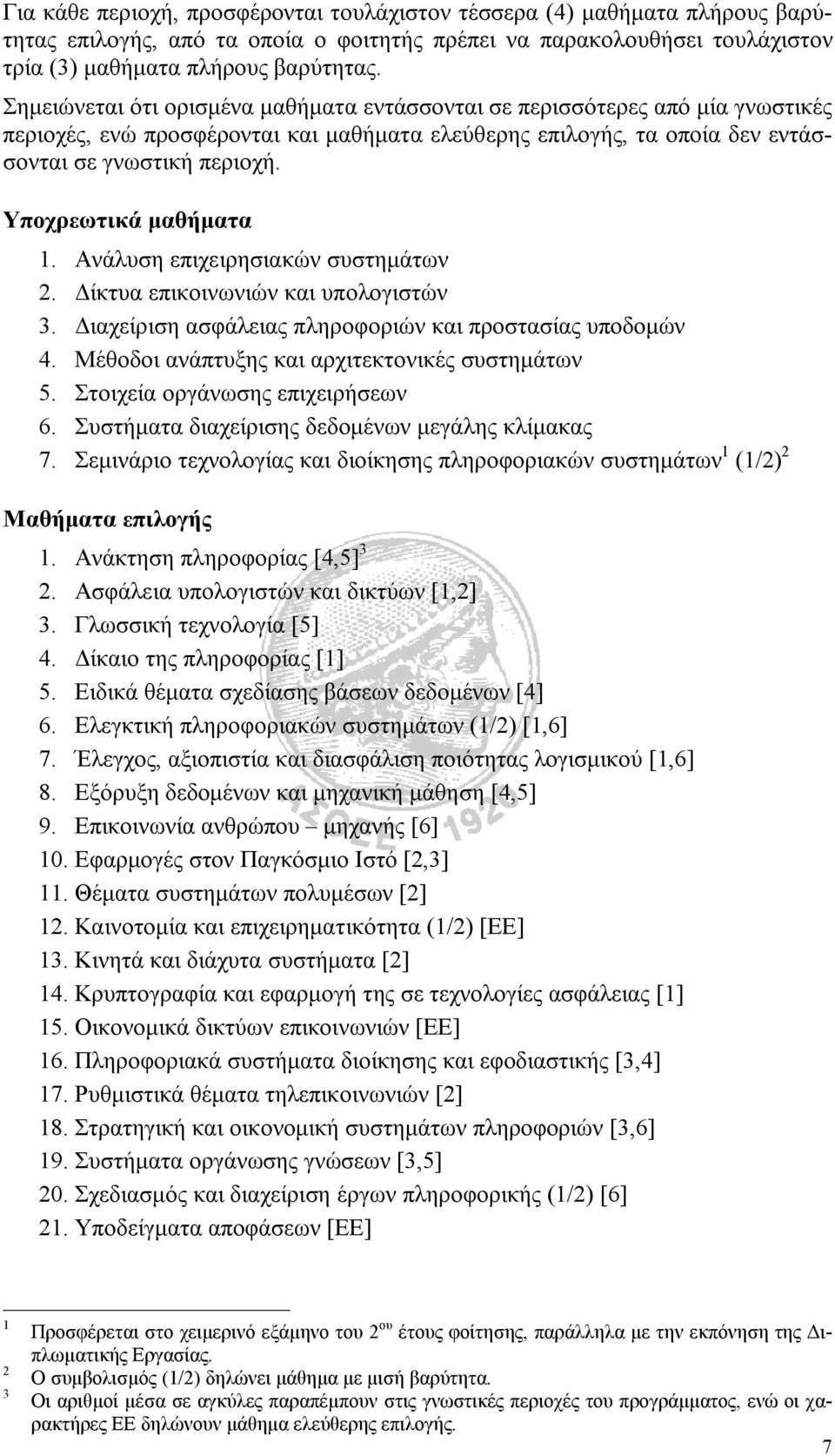 Υποχρεωτικά μαθήματα 1. Ανάλυση επιχειρησιακών συστημάτων 2. Δίκτυα επικοινωνιών και υπολογιστών 3. Διαχείριση ασφάλειας πληροφοριών και προστασίας υποδομών 4.