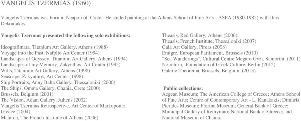 Gallery, Athens (1994) Landscapes of my Memory, Zakynthos, Art Center (1995) Wills, Titanium Art Gallery, Athens (1998) Seascape, Zakynthos, Art Center (1998) Ship Portraits, Anny Balta Gallery,