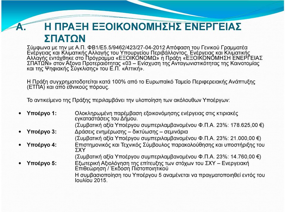 «ΕΞΟΙΚΟΝΟΜΗΣΗ ΕΝΕΡΓΕΙΑΣ ΣΠΑΤΩΝ» στον Άξονα Προτεραιότητας «03 Ενίσχυση της Ανταγωνιστικότητας της Καινοτομίας και της Ψηφιακής Σύγκλισης» του Ε.Π. «Αττική».