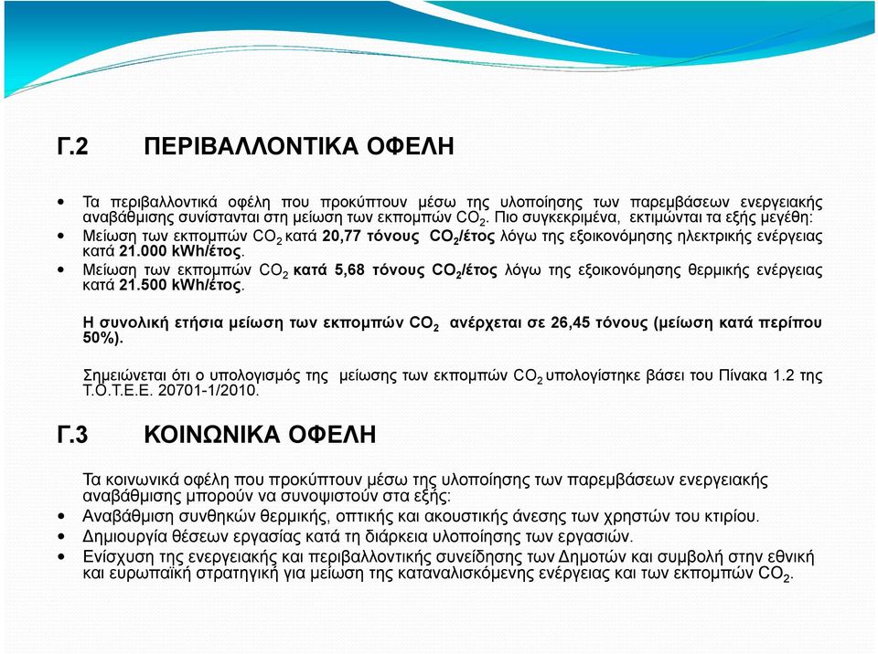 Μείωση των εκπομπών CO 2 κατά 5,68 τόνους CO 2 /έτος λόγω της εξοικονόμησης θερμικής ενέργειας κατά 21.500 kwh/έτος. Η συνολική ετήσια μείωση των εκπομπών CO 2 50%).