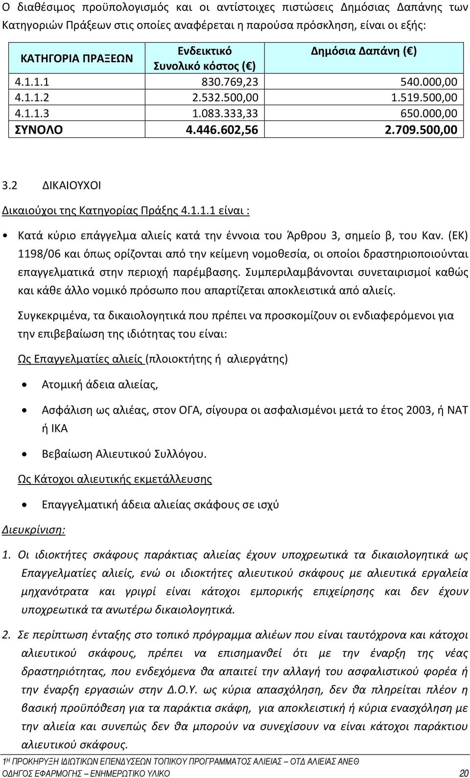 2 ΔΙΚΑΙΟΥΧΟΙ Δικαιούχοι της Κατηγορίας Πράξης 4.1.1.1 είναι : Κατά κύριο επάγγελμα αλιείς κατά την έννοια του Άρθρου 3, σημείο β, του Καν.