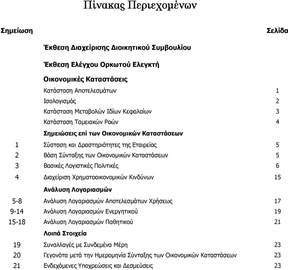 Βασικές Λογιστικές Πολιτικές 6 4 Διαχείριση Χρηματοοικονομικών Κινδύνων 15 Ανάλυση Λογαριασμών 5-8 Ανάλυση Λογαριασμών Αποτελεσμάτων Χρήσεως 17 9-14 Ανάλυση Λογαριασμών Ενεργητικού 19 15-18