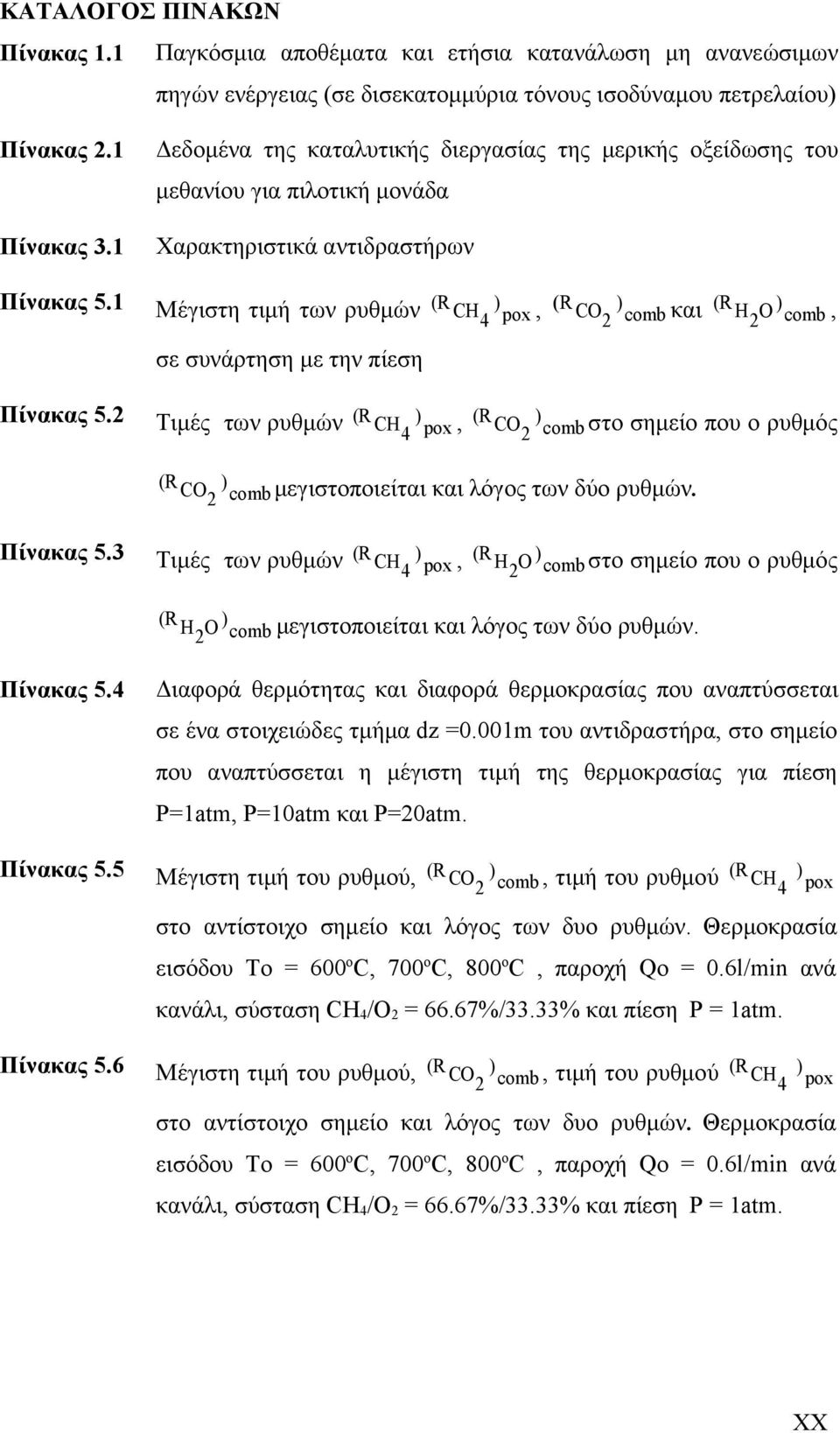 1 Μέγιστη τιμή των ρυθμών CH ) pox σε συνάρτηση με την πίεση Πίνακας 5.