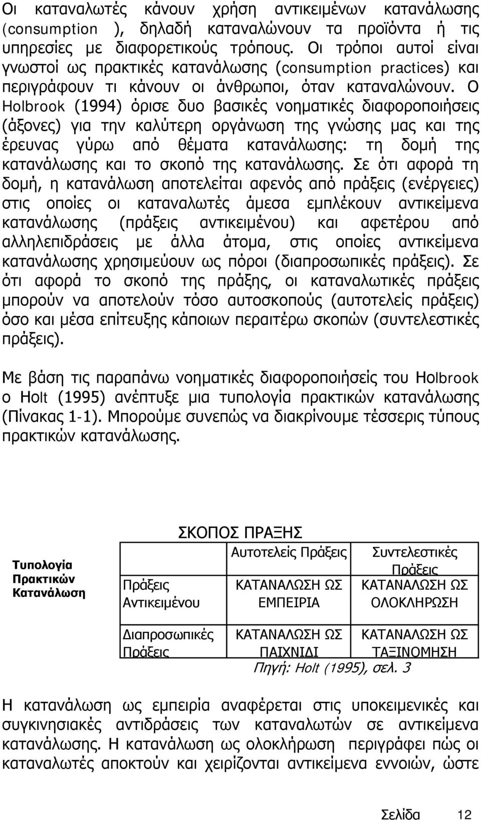 Ο Holbrook (1994) όρισε δυο βασικές νοηματικές διαφοροποιήσεις (άξονες) για την καλύτερη οργάνωση της γνώσης μας και της έρευνας γύρω από θέματα κατανάλωσης: τη δομή της κατανάλωσης και το σκοπό της