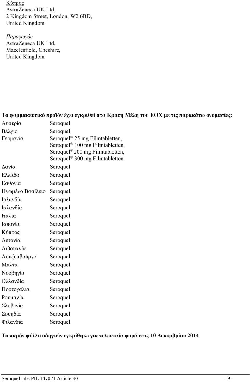 Ισλανδία Ιταλία Ισπανία Κύπρος Λετονία Λιθουανία Λουξεμβούργο Μάλτα Νορβηγία Ολλανδία Πορτογαλία Ρουμανία Σλοβενία Σουηδία Φιλανδία 25 mg Filmtabletten, 100