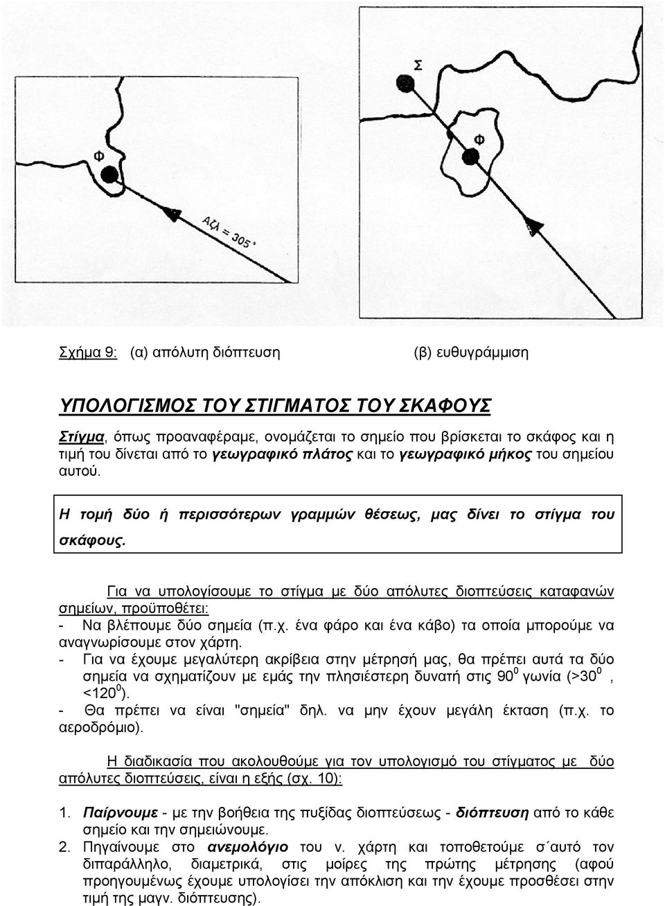 Για να υπολογίσουµε το στίγµα µε δύο απόλυτες διοπτεύσεις καταφανών σηµείων, προϋποθέτει: - Να βλέπουµε δύο σηµεία (π.χ. ένα φάρο και ένα κάβο) τα οποία µπορούµε να αναγνωρίσουµε στον χάρτη.