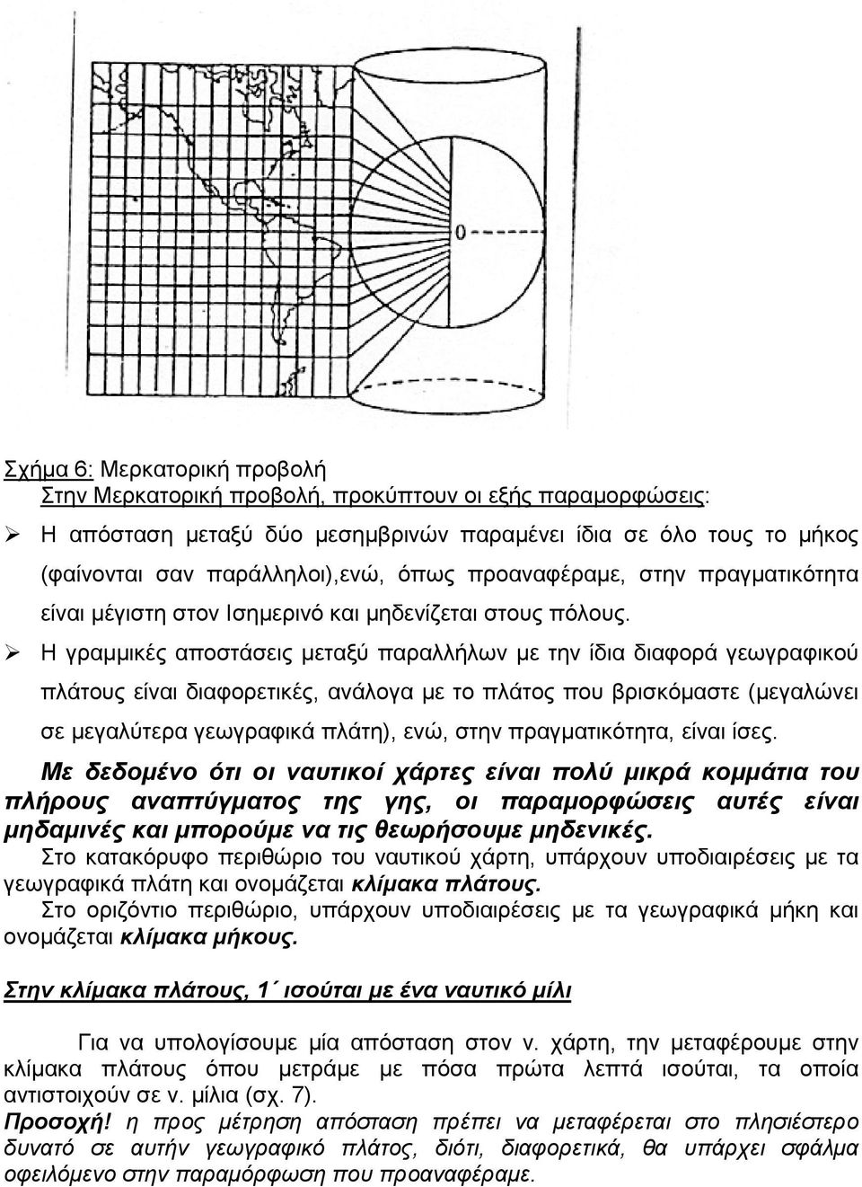 Η γραµµικές αποστάσεις µεταξύ παραλλήλων µε την ίδια διαφορά γεωγραφικού πλάτους είναι διαφορετικές, ανάλογα µε το πλάτος που βρισκόµαστε (µεγαλώνει σε µεγαλύτερα γεωγραφικά πλάτη), ενώ, στην