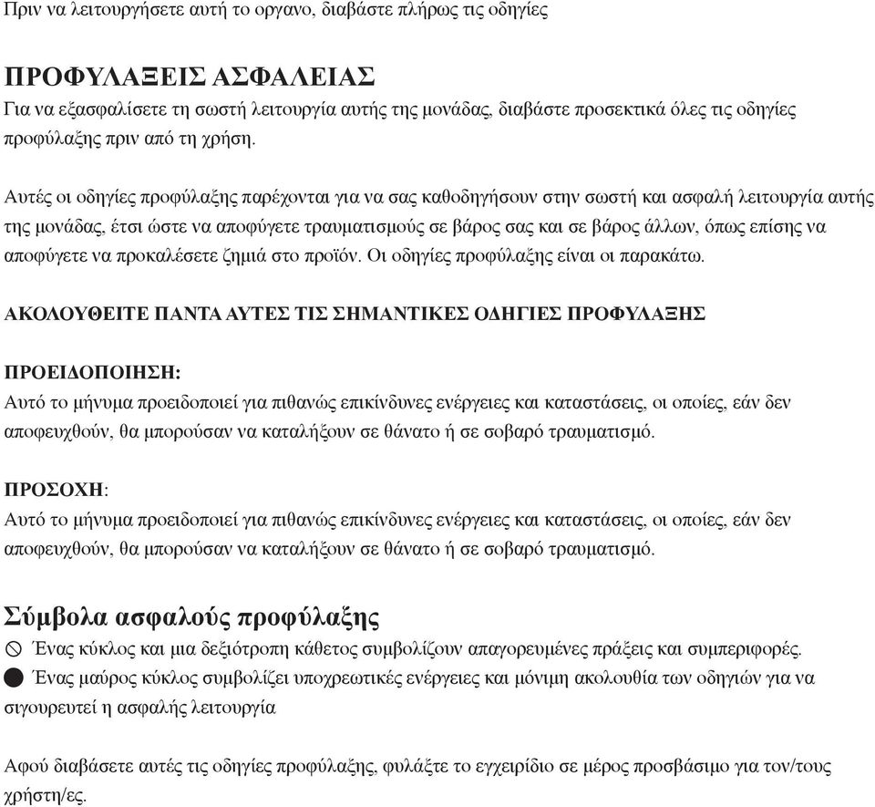 Αυτές οι οδηγίες προφύλαξης παρέχονται για να σας καθοδηγήσουν στην σωστή και ασφαλή λειτουργία αυτής της μονάδας, έτσι ώστε να αποφύγετε τραυματισμούς σε βάρος σας και σε βάρος άλλων, όπως επίσης να