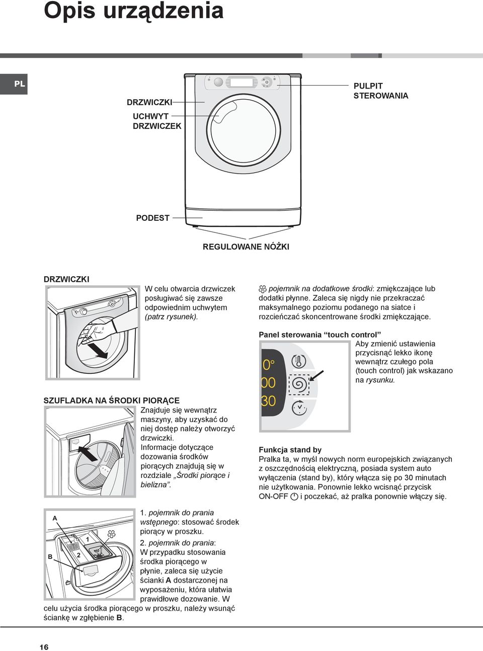 Panel sterowania touch control Aby zmienić ustawienia przycisnąć lekko ikonę wewnątrz czułego pola (touch control) jak wskazano na rysunku.