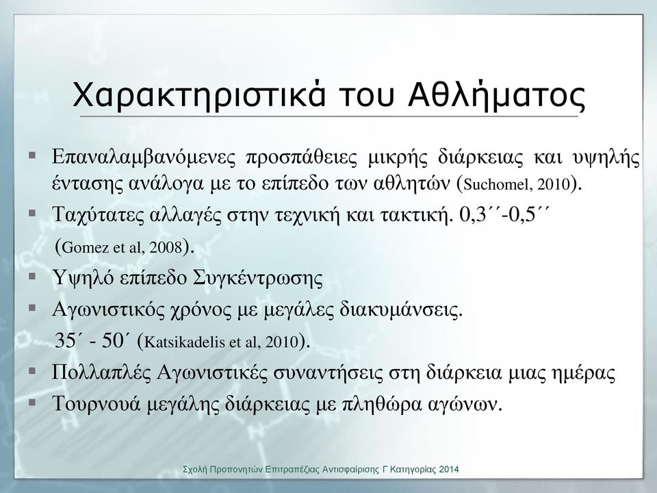 0,3-0,5 (Gomez et al, 2008). Υψηλό επίπεδο Συγκέντρωσης Αγωνιστικός χρόνος με μεγάλες διακυμάνσεις.