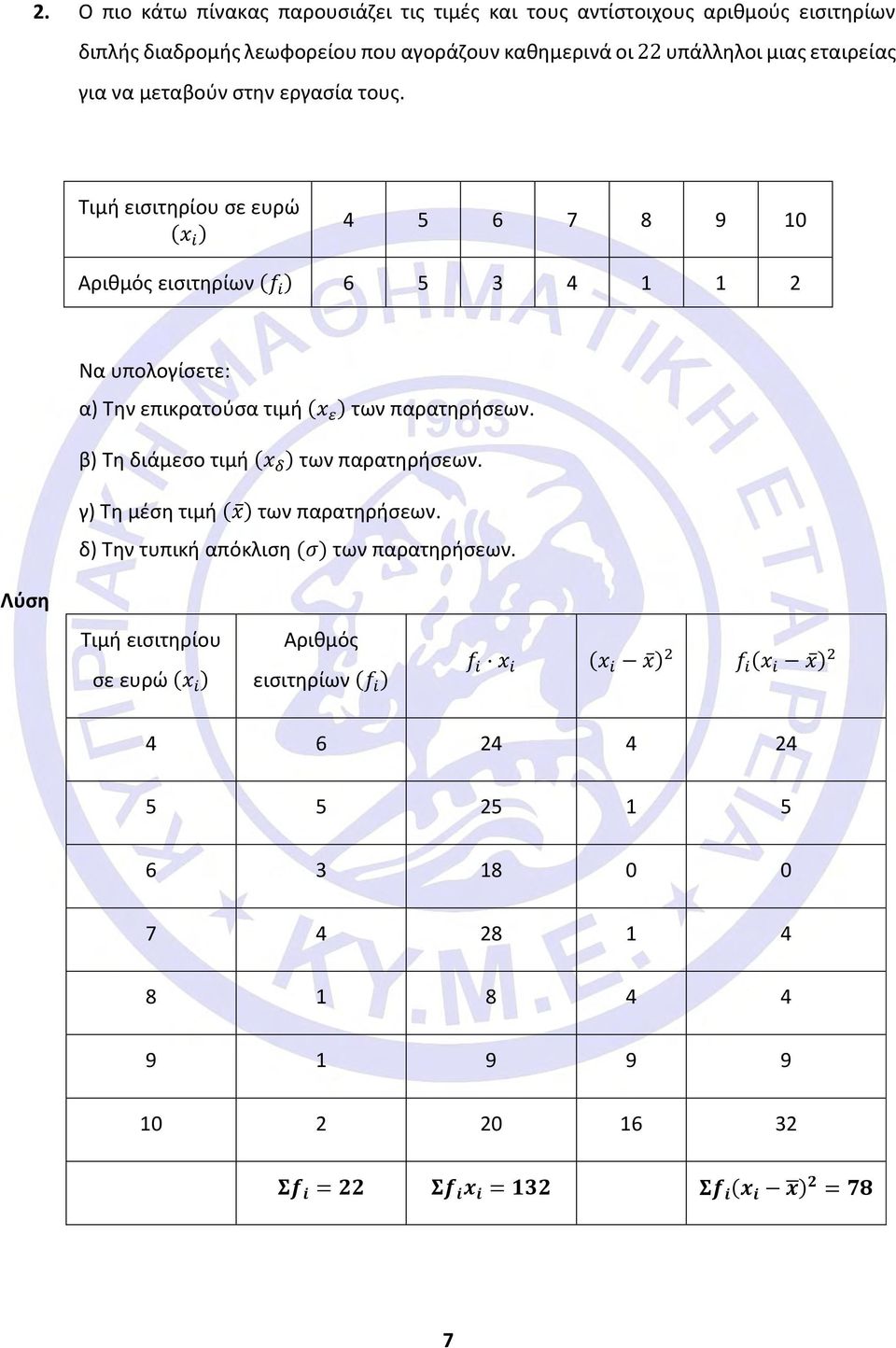 Τιμή εισιτηρίου σε ευρώ (x i ) 4 5 6 7 8 9 10 Αριθμός εισιτηρίων (f i ) 6 5 3 4 1 1 2 Να υπολογίσετε: α) Την επικρατούσα τιμή (x ε ) των παρατηρήσεων.