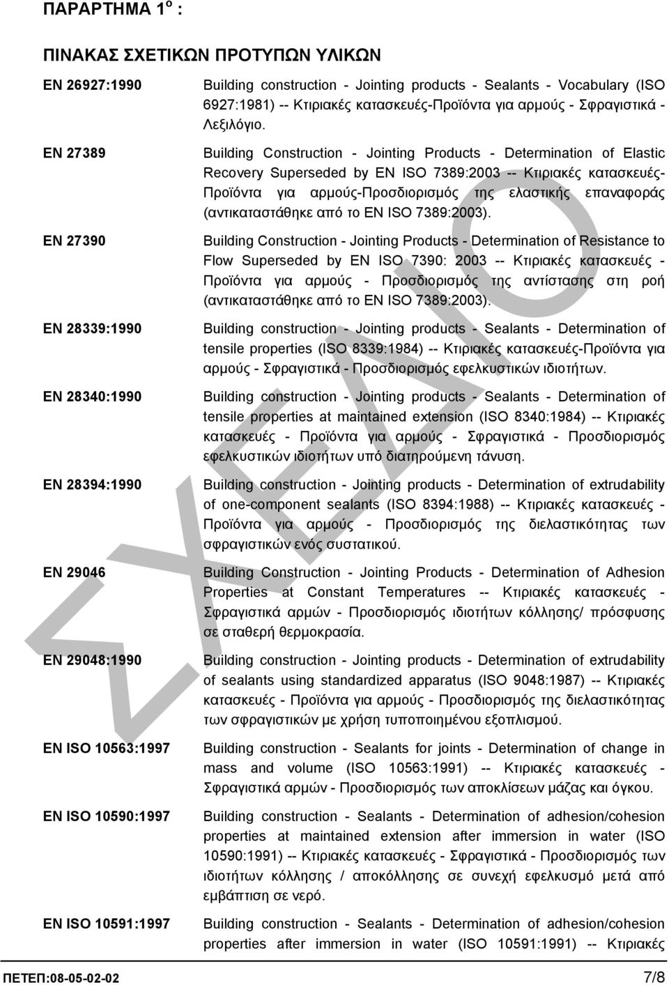 Building Construction - Jointing Products - Determination of Elastic Recovery Superseded by EN ISO 7389:2003 -- Κτιριακές κατασκευές- Προϊόντα για αρµούς-προσδιορισµός της ελαστικής επαναφοράς