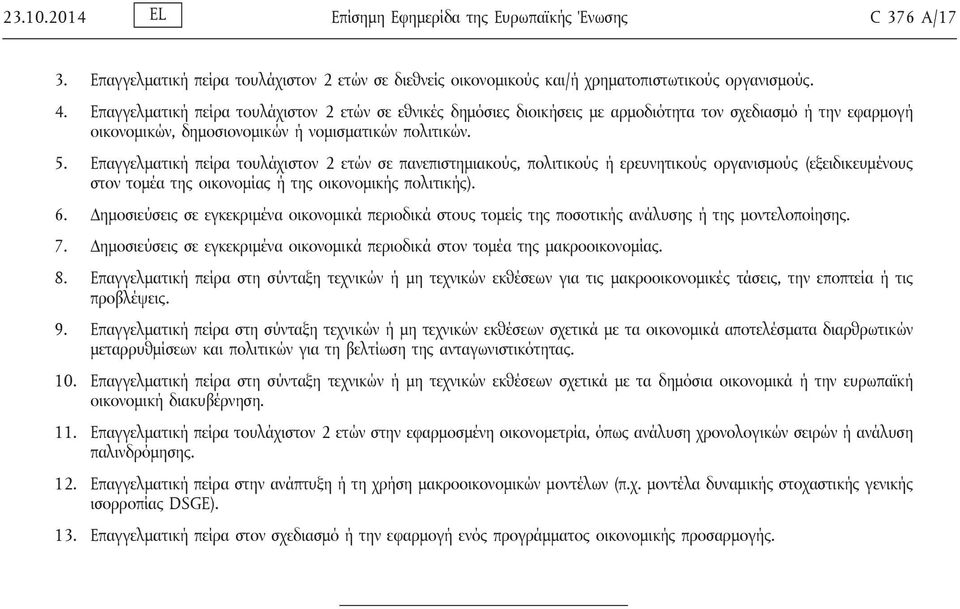 Επαγγελματική πείρα τουλάχιστον 2 ετών σε πανεπιστημιακούς, πολιτικούς ή ερευνητικούς οργανισμούς (εξειδικευμένους στον τομέα της οικονομίας ή της οικονομικής πολιτικής). 6.