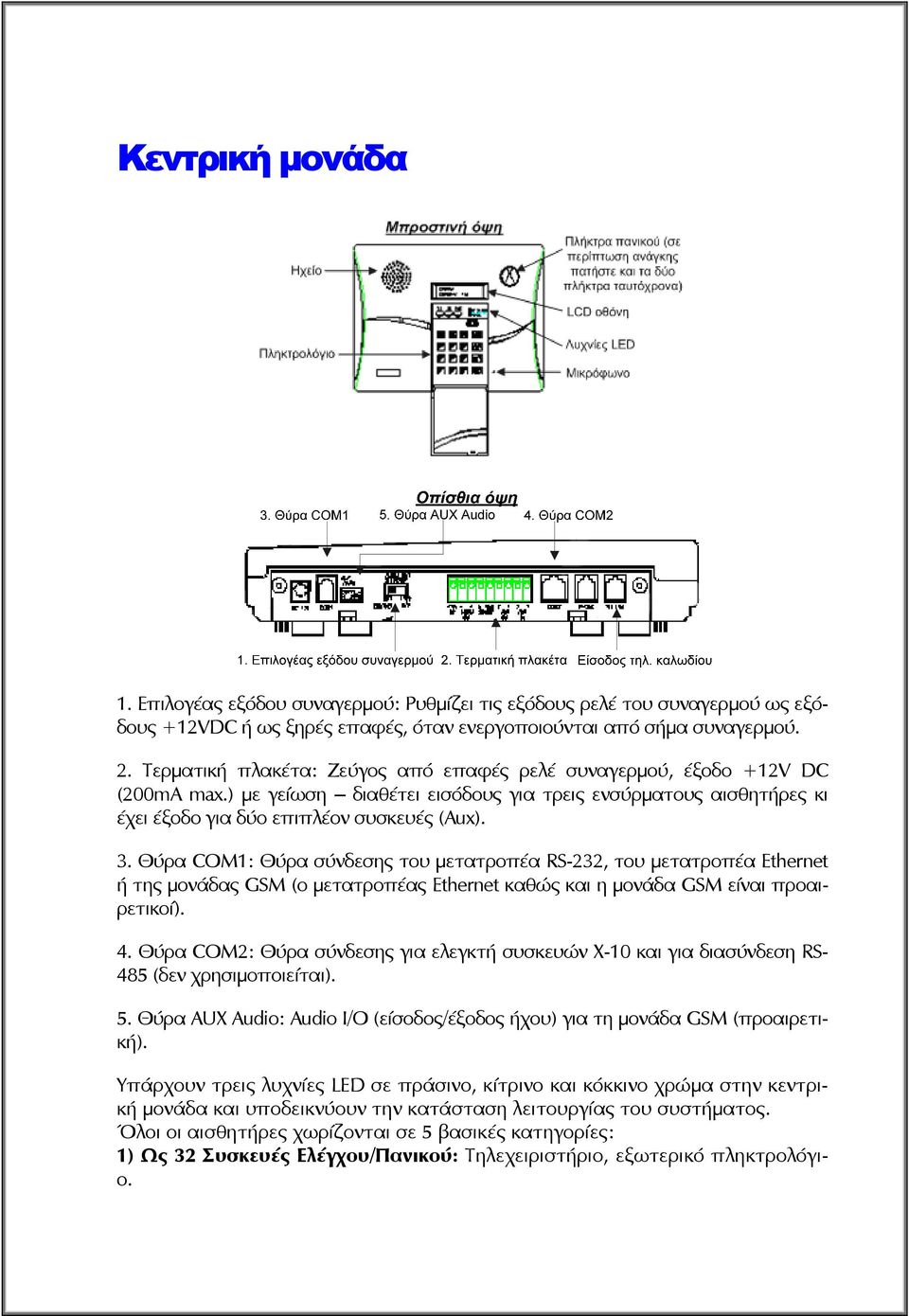 Θύρα COM1: Θύρα σύνδεσης του μετατροπέα RS-232, του μετατροπέα Ethernet ή της μονάδας GSM (ο μετατροπέας Ethernet καθώς και η μονάδα GSM είναι προαιρετικοί). 4.