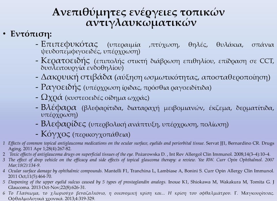 (βλεφαρίτιδα, διαταραχή μειβομιανών, έκζεμα, δερματίτιδα, υπέρχρωση) - Βλεφαρίδες (υπερβολική ανάπτυξη, υπέρχρωση, πολίωση) - Κόγχος (περικογχοπάθεια) 1 Effects of common topical antiglaucoma