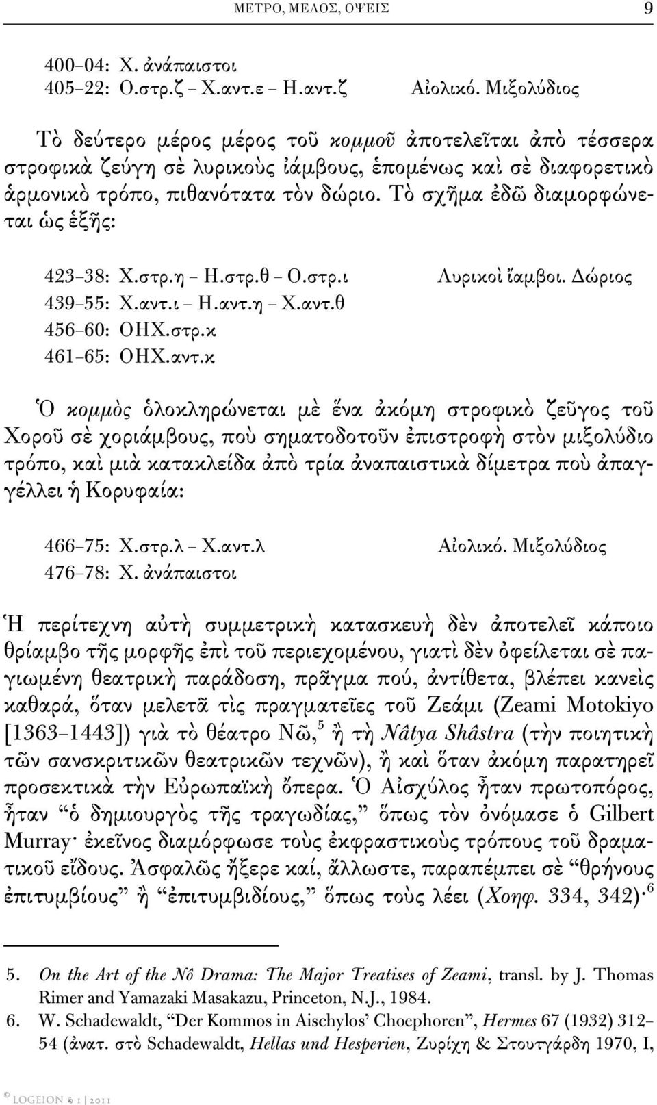 Τὸ σχῆμα ἐδῶ διαμορφώνεται ὡς ἑξῆς: 423 38: Χ.στρ.η Η.στρ.θ Ο.στρ.ι Λυρικοὶ ἴαμβοι. Δώριος 439 55: Χ.αντ.