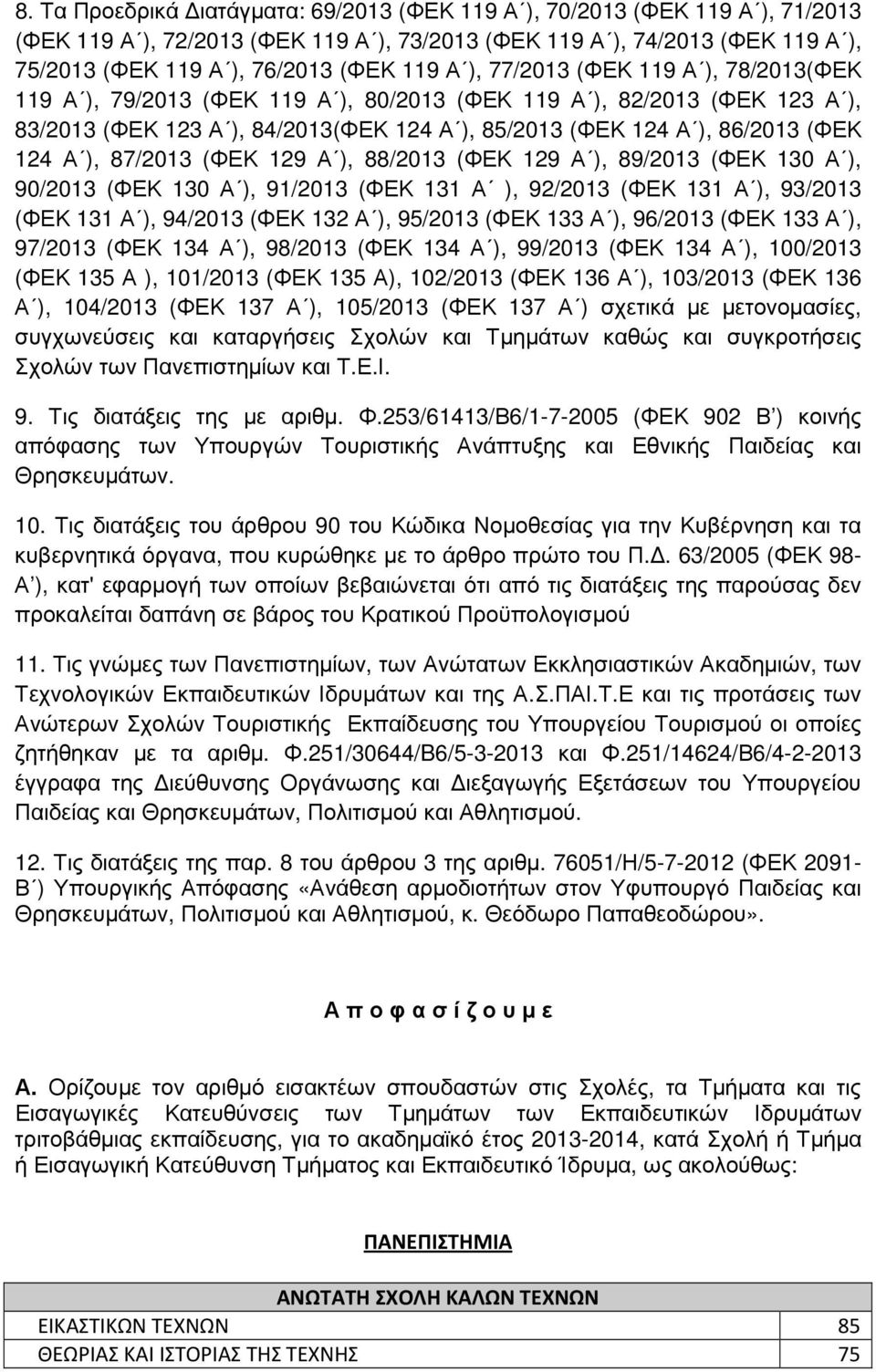 87/2013 (ΦΕΚ 129 Α ), 88/2013 (ΦΕΚ 129 Α ), 89/2013 (ΦΕΚ 130 Α ), 90/2013 (ΦΕΚ 130 Α ), 91/2013 (ΦΕΚ 131 Α ), 92/2013 (ΦΕΚ 131 Α ), 93/2013 (ΦΕΚ 131 Α ), 94/2013 (ΦΕΚ 132 Α ), 95/2013 (ΦΕΚ 133 Α ),