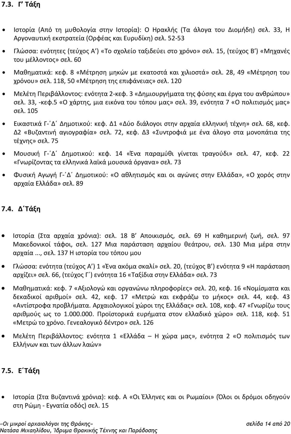 28, 49 «Μέτρηση του χρόνου» σελ. 118, 50 «Μέτρηση της επιφάνειας» σελ. 120 Μελέτη Περιβάλλοντος: ενότητα 2-κεφ. 3 «Δημιουργήματα της φύσης και έργα του ανθρώπου» σελ. 33, -κεφ.