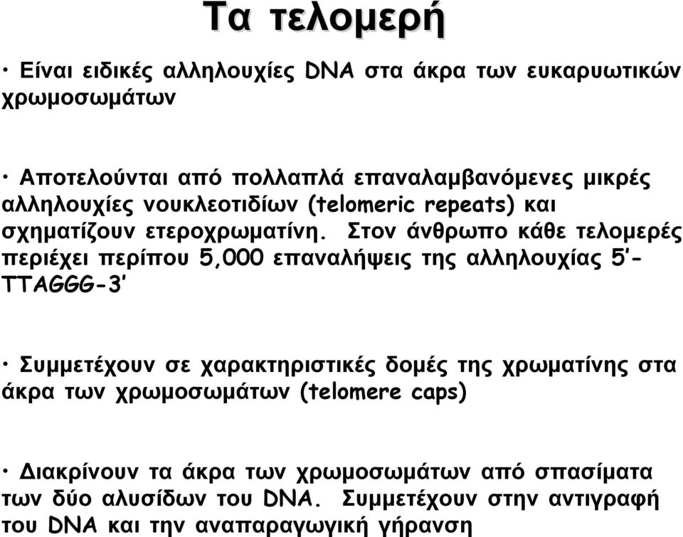 Στον άνθρωπο κάθε τελομερές περιέχει περίπου 5,000 επαναλήψεις της αλληλουχίας - TTAGGG- Συμμετέχουν σε χαρακτηριστικές δομές της