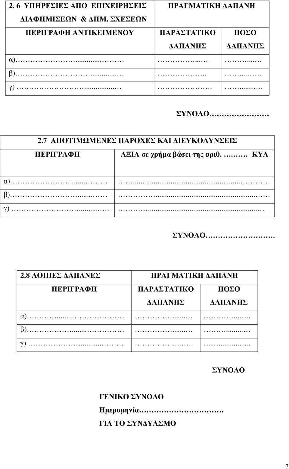 7 ΑΠΟΤΙΜΩΜΕΝΕΣ ΠΑΡΟΧΕΣ ΚΑΙ ΙΕΥΚΟΛΥΝΣΕΙΣ ΠΕΡΙΓΡΑΦΗ ΑΞΙΑ σε χρήµα βάσει της αριθ.. ΚΥΑ α)...... β)...... γ).