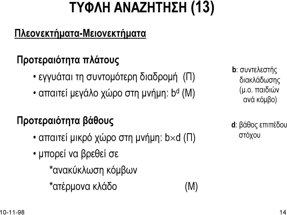 απαιτεί µικρό χώρο στη µνήµη: b d (Π) µπορεί να βρεθεί σε *ανακύκλωση κόµβων *ατέρµονα