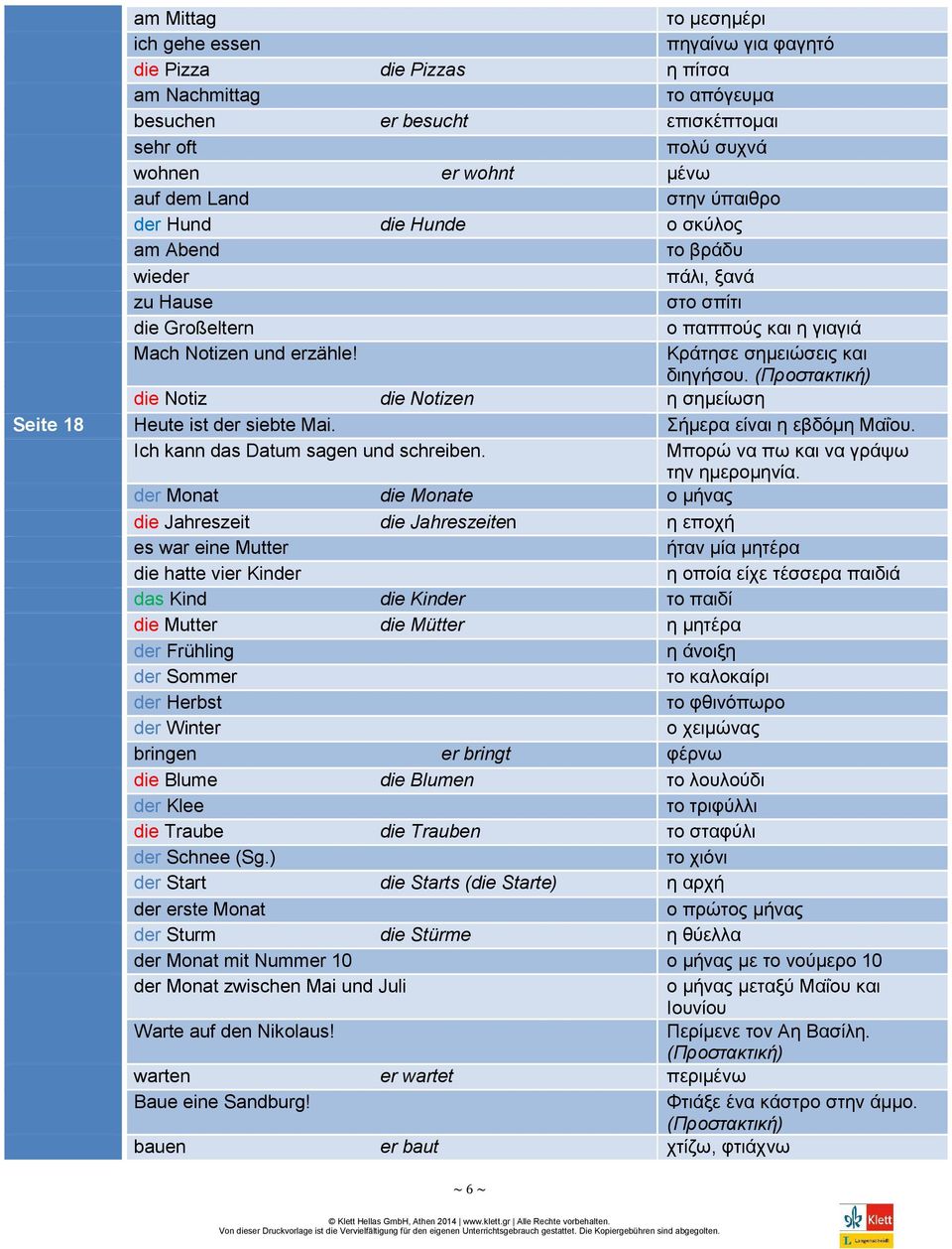 die Notiz die Notizen η σημείωση Seite 18 Heute ist der siebte Mai. Σήμερα είναι η εβδόμη Μαΐου. Ich kann das Datum sagen und schreiben. Μπορώ να πω και να γράψω την ημερομηνία.