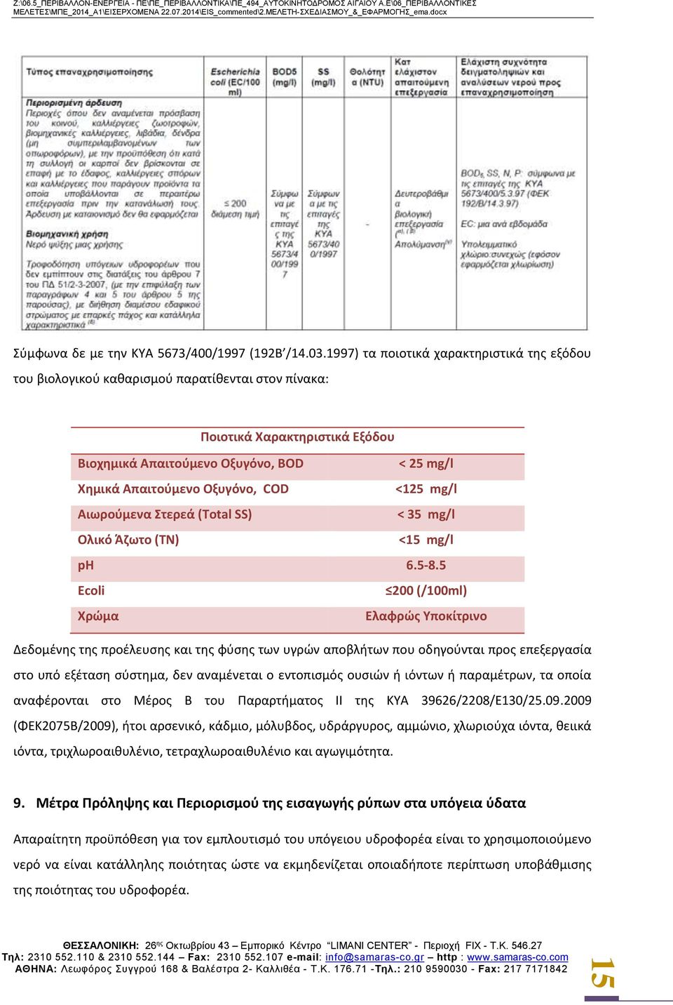 COD <125 mg/l Αιωρούμενα Στερεά (Total SS) < 35 mg/l Ολικό Άζωτο (TN) <15 mg/l ph 6.5-8.