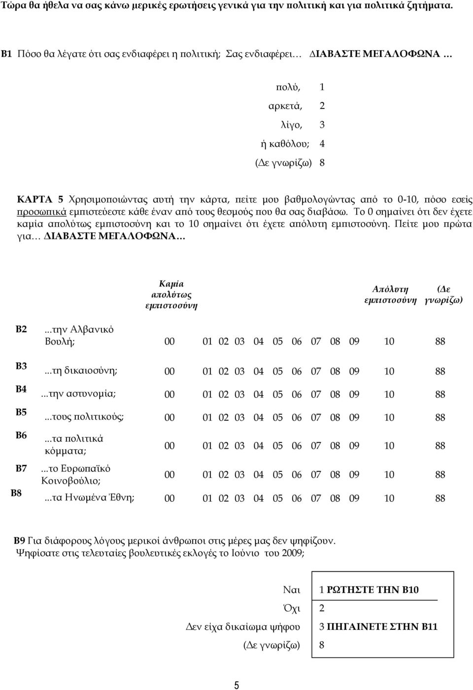 0-10, πόσο εσείς προσωπικά εμπιστεύεστε κάθε έναν από τους θεσμούς που θα σας διαβάσω. Το 0 σημαίνει ότι δεν έχετε καμία απολύτως εμπιστοσύνη και το 10 σημαίνει ότι έχετε απόλυτη εμπιστοσύνη.