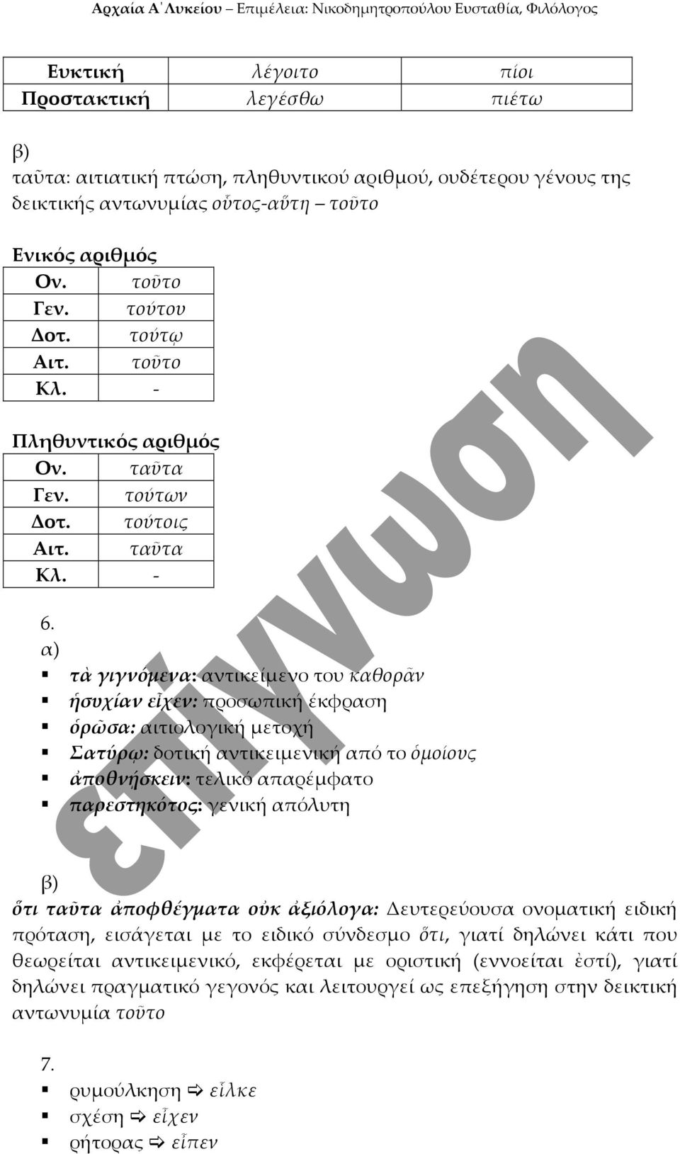 α) τὰ γιγνόμενα: αντικείμενο του καθορᾶν ἡσυχίαν εἶχεν: προσωπική έκφραση ὁρῶσα: αιτιολογική μετοχή Σατύρῳ: δοτική αντικειμενική από το ὁμοίους ἀποθνῄσκειν: τελικό απαρέμφατο παρεστηκότος: γενική