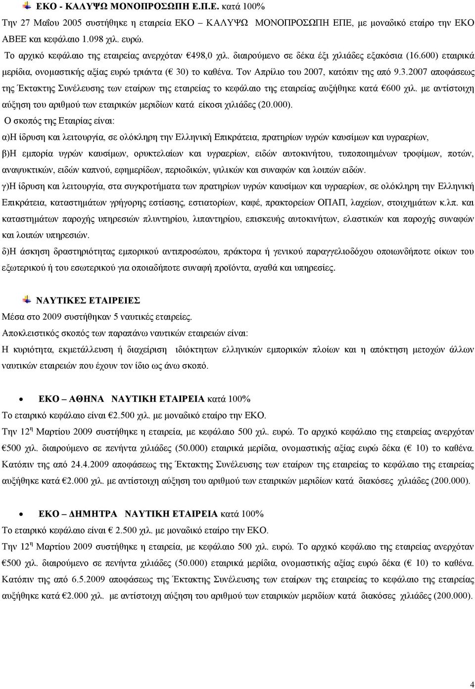 Τον Απρίλιο του 2007, κατόπιν της από 9.3.2007 αποφάσεως της Έκτακτης Συνέλευσης των εταίρων της εταιρείας το κεφάλαιο της εταιρείας αυξήθηκε κατά 600 χιλ.