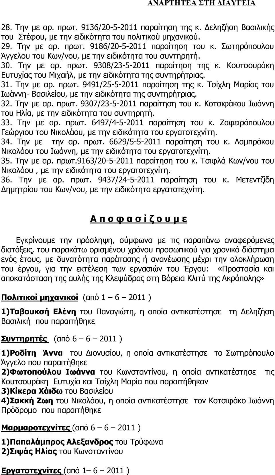 Την µε αρ. πρωτ. 9491/25-5-2011 παραίτηση της κ. Τσίχλη Μαρίας του Ιωάννη- Βασιλείου, µε την ειδικότητα της συντηρήτριας. 32. Την µε αρ. πρωτ. 9307/23-5-2011 παραίτηση του κ.