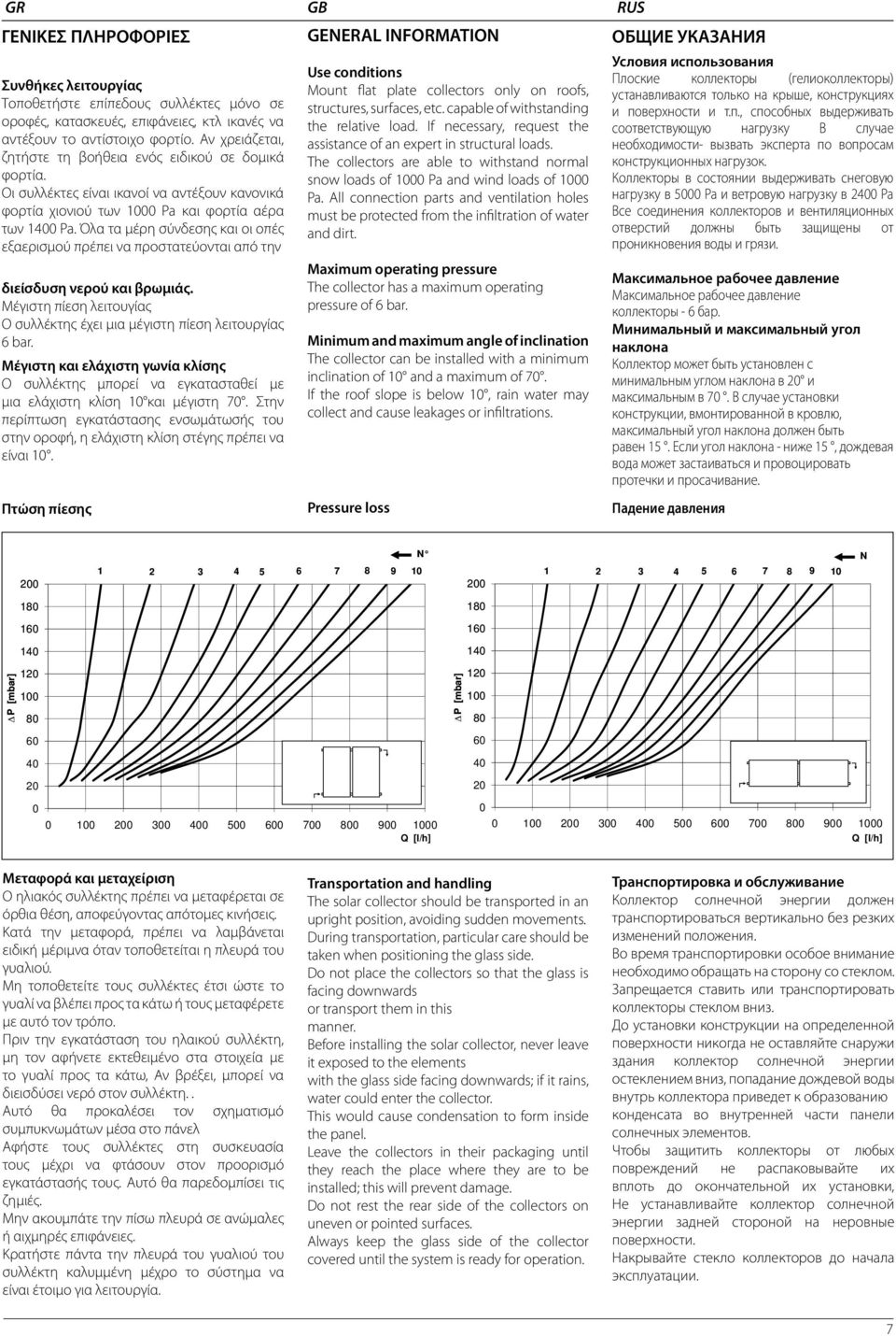 Όλα τα μέρη σύνδεσης και οι οπές εξαερισμού πρέπει να προστατεύονται από την διείσδυση νερού και βρωμιάς. Μέγιστη πίεση λειτουγίας Ο συλλέκτης έχει μια μέγιστη πίεση λειτουργίας 6 bar.