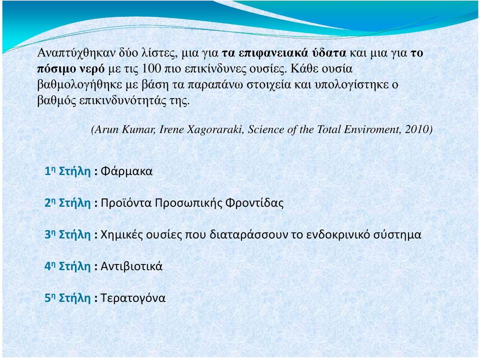 (Arun Kumar, Irene Xagoraraki, Science of the Total Enviroment, 2010) 1 η Στήλη : Φάρμακα 2 η Στήλη : Προϊόντα