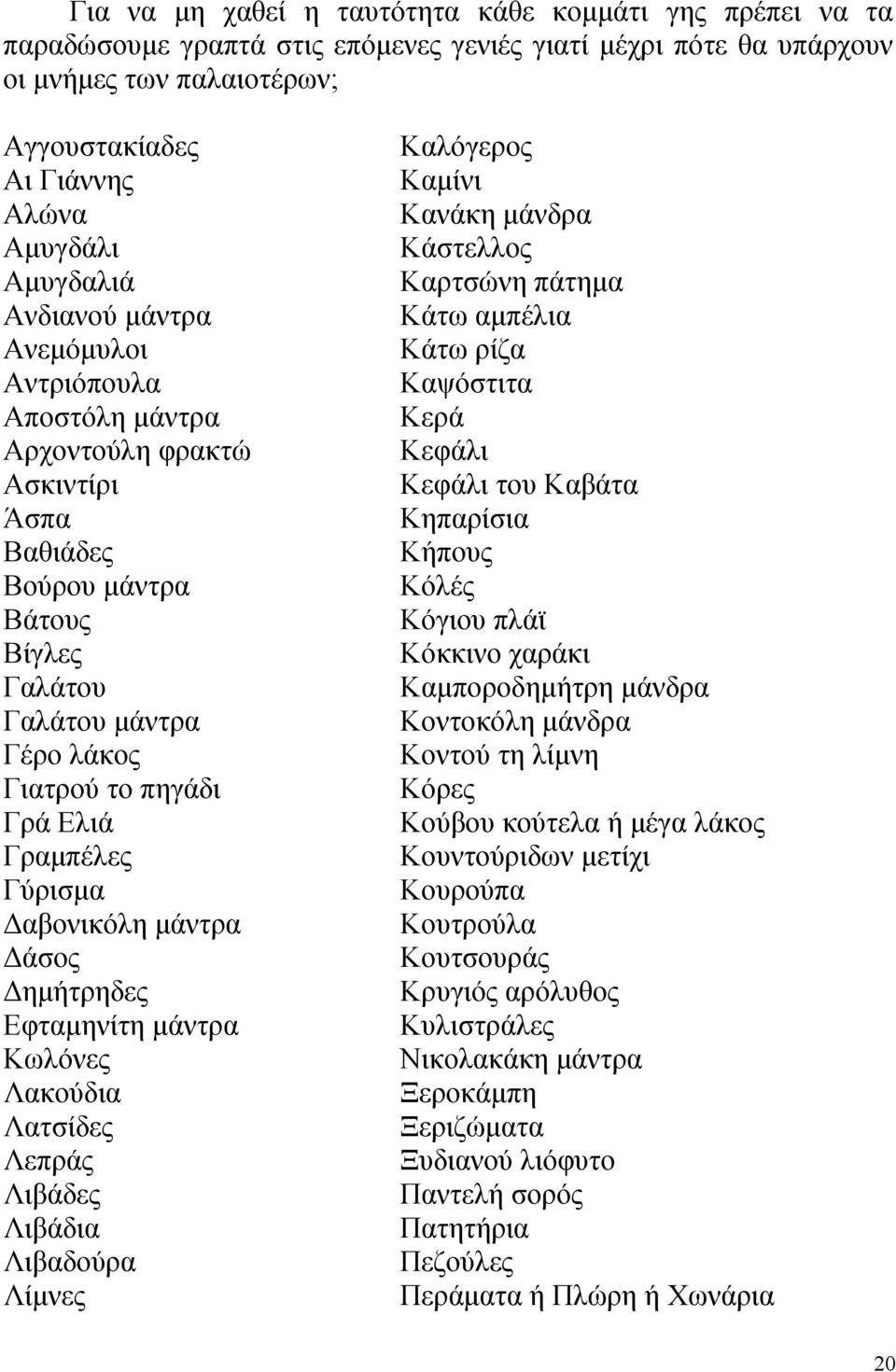 Γραμπέλες Γύρισμα Δαβονικόλη μάντρα Δάσος Δημήτρηδες Εφταμηνίτη μάντρα Κωλόνες Λακούδια Λατσίδες Λεπράς Λιβάδες Λιβάδια Λιβαδούρα Λίμνες Καλόγερος Καμίνι Κανάκη μάνδρα Κάστελλος Καρτσώνη πάτημα Κάτω