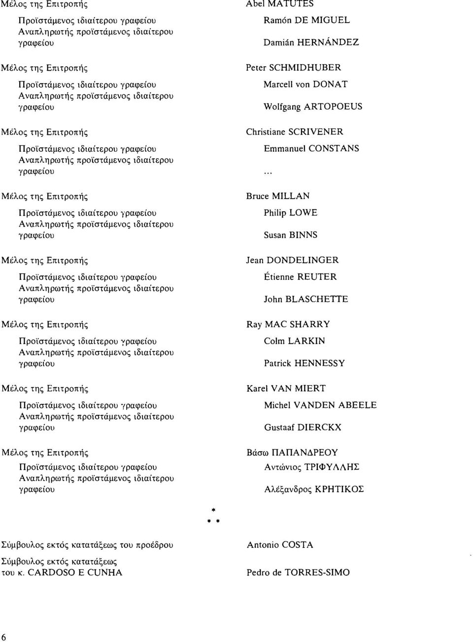 Etienne REUTER John BLASCHETTE Ray MAC SHARRY Colm LARKIN Patrick HENNESSY Karel VAN MIERT Michel VANDEN ABEELE Gustaaf DIERCKX Βάσω ΠΑΠΑΝΔΡΕΟΥ Αντώνιος ΤΡΙΦΥΛΛΗΣ Αλέξανδρος ΚΡΗΤΙΚΟΣ Σύμβουλος εκτός