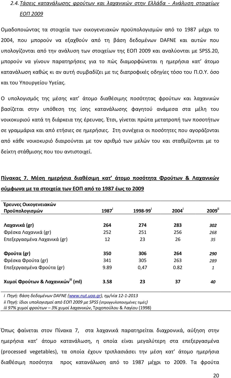 20, μπορούν να γίνουν παρατηρήσεις για το πώς διαμορφώνεται η ημερήσια κατ άτομο κατανάλωση καθώς κι αν αυτή συμβαδίζει με τις διατροφικές οδηγίες τόσο του Π.Ο.Υ. όσο και του Υπουργείου Υγείας.