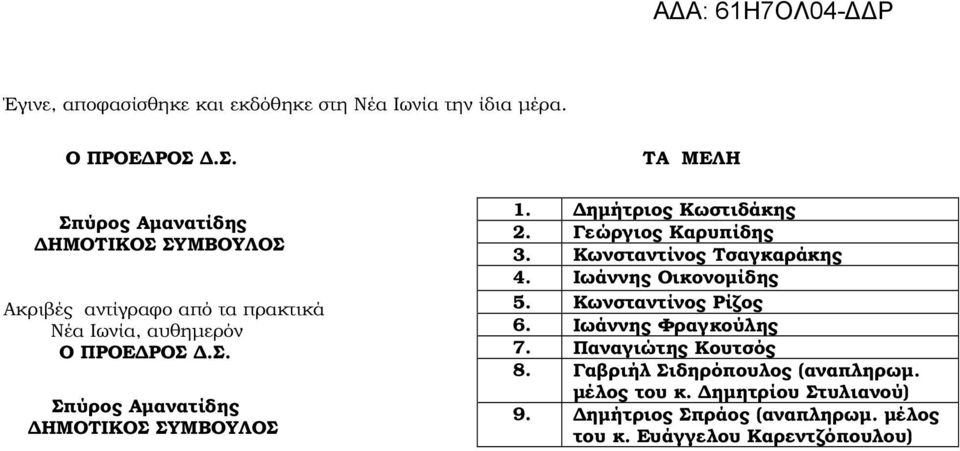 ηµήτριος Κωστιδάκης 2. Γεώργιος Καρυπίδης 3. Κωνσταντίνος Τσαγκαράκης 4. Ιωάννης Οικονοµίδης 5. Κωνσταντίνος Ρίζος 6.