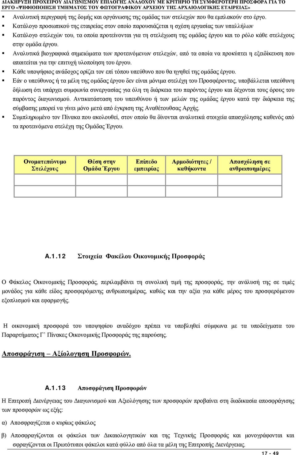 στην ομάδα έργου. Αναλυτικά βιογραφικά σημειώματα των προτεινόμενων στελεχών, από τα οποία να προκύπτει η εξειδίκευση που απαιτείται για την επιτυχή υλοποίηση του έργου.