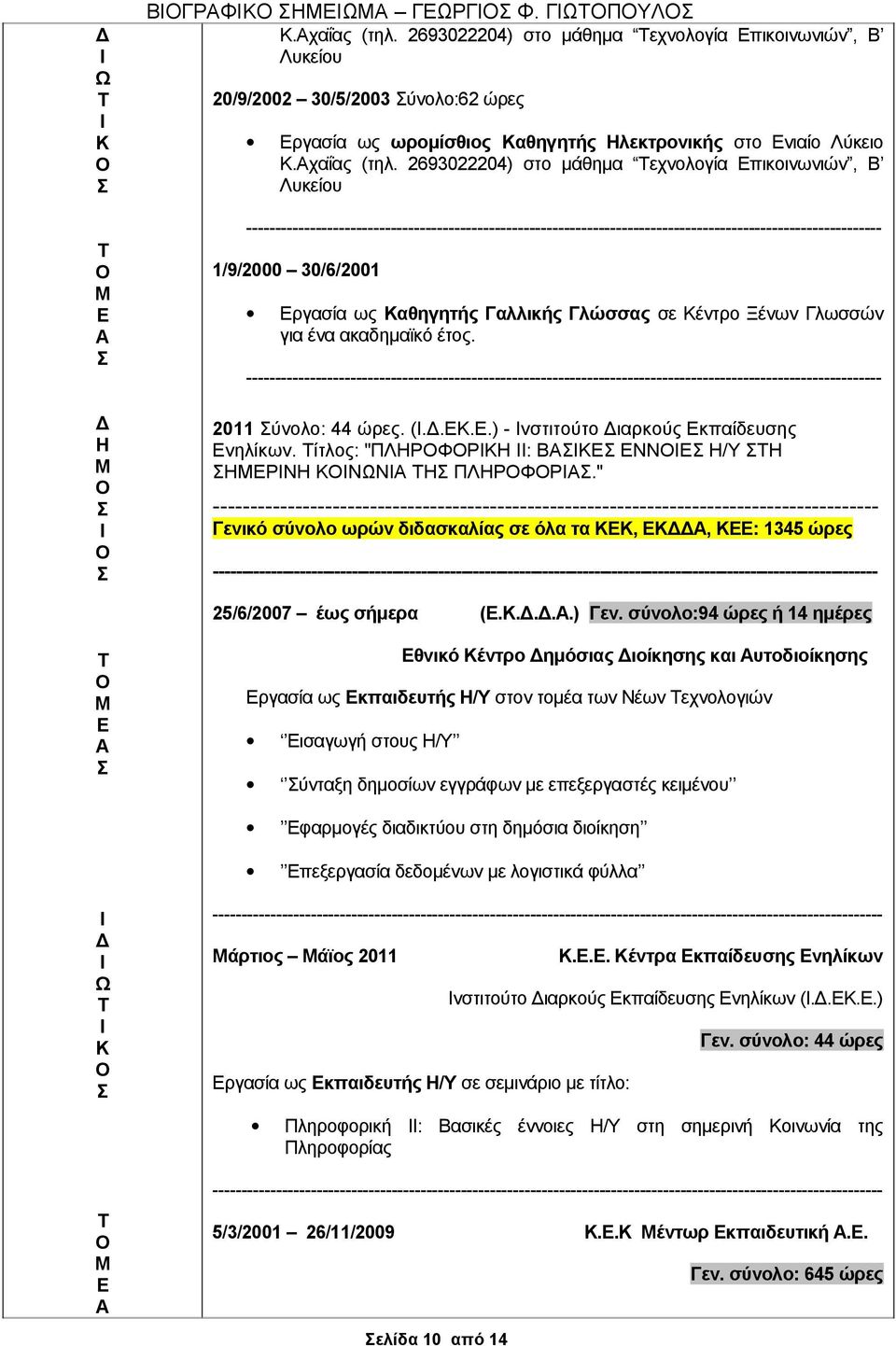 2693022204) στο μάθημα εχνολογία πικοινωνιών, Β Λυκείου -------------------------------------------------------------------------------------------------------------- 1/9/2000 30/6/2001 ργασία ως