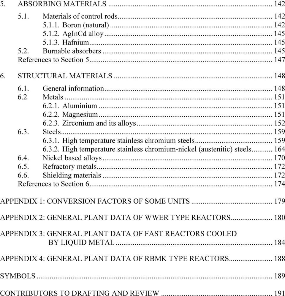 .. 159 6.3.2. High temperature stainless chromium-nickel (austenitic) steels... 164 6.4. Nickel based alloys... 170 6.5. Refractory metals... 172 6.6. Shielding materials... 172 References to Section 6.