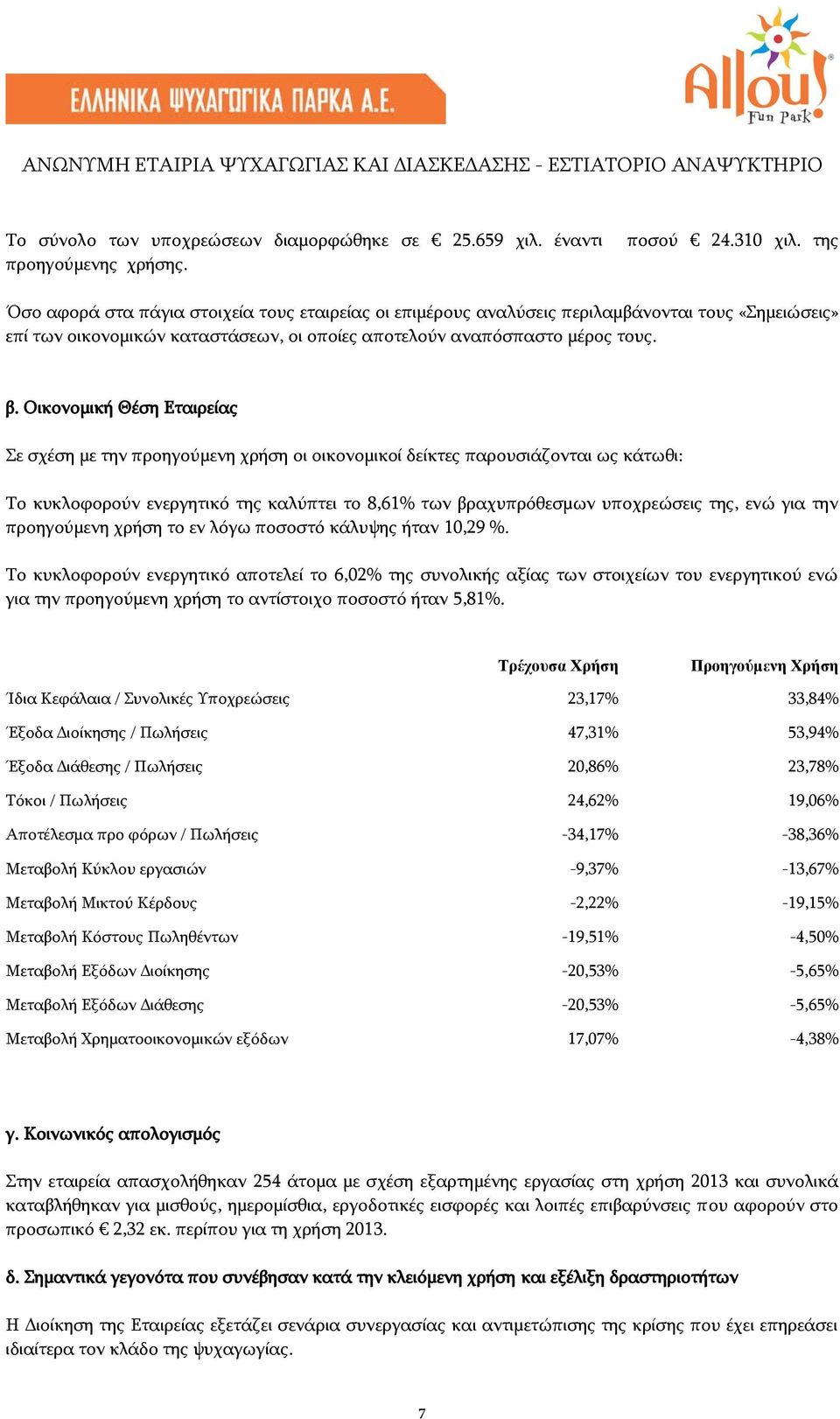 Οικονομική Θέση Εταιρείας Σε σχέση με την προηγούμενη χρήση οι οικονομικοί δείκτες παρουσιάζονται ως κάτωθι: Το κυκλοφορούν ενεργητικό της καλύπτει το 8,61% των βραχυπρόθεσμων υποχρεώσεις της, ενώ