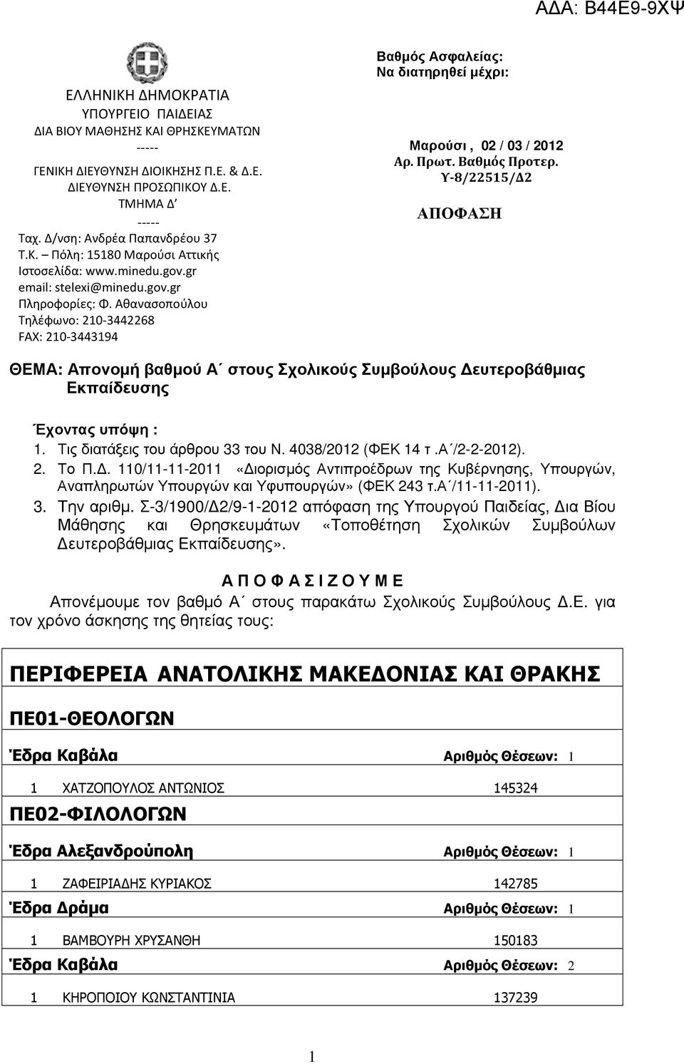 Υ-8/22515/Δ2 ΑΠΟΦΑΣΗ ΘΕΜΑ: Απονοµή βαθµού Α στους Σχολικούς Συµβούλους ευτεροβάθµιας Εκπαίδευσης Έχοντας υπόψη : 1. Τις διατάξεις του άρθρου 33 του Ν. 4038/2012 (ΦΕΚ 14 τ.α /2-2-2012). 2. Το Π.