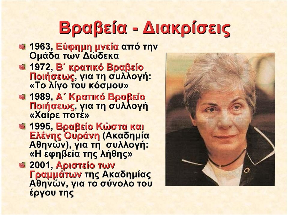 συλλογή «Χαίρε ποτέ» 1995, Βραβείο Κώστα και Ελένης Ουράνη (Ακαδημία Αθηνών), για τη