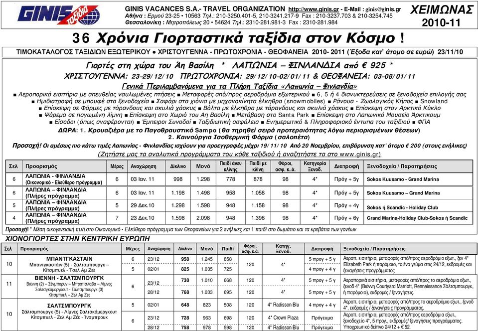 ΠΡΩΤΟΧΡΟΝΙΑ: 29/12/10 02/01/11 & ΘΕΟΦΑΝΕΙΑ: 03 08/01/11 Γενικά Περιλαμβανόμενα για τα Πλήρη Ταξίδια «Λαπωνία Φινλανδία» Αεροπορικά εισιτήρια με απευθείας ναυλωμένες πτήσεις Μεταφορές από/προς