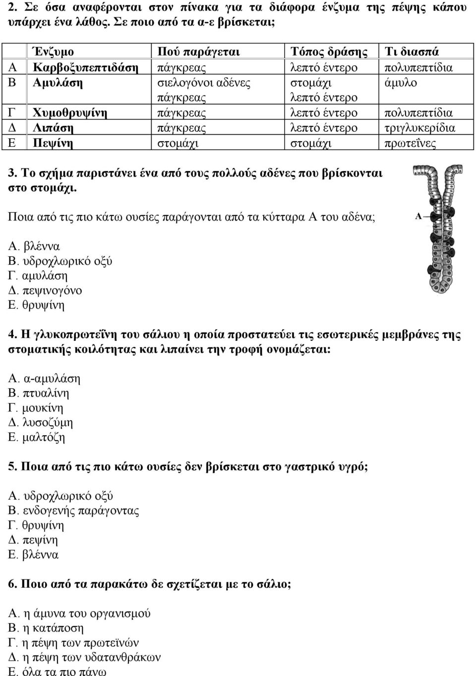 Χυμοθρυψίνη πάγκρεας λεπτό έντερο πολυπεπτίδια Δ Λιπάση πάγκρεας λεπτό έντερο τριγλυκερίδια Ε Πεψίνη στομάχι στομάχι πρωτεΐνες 3.